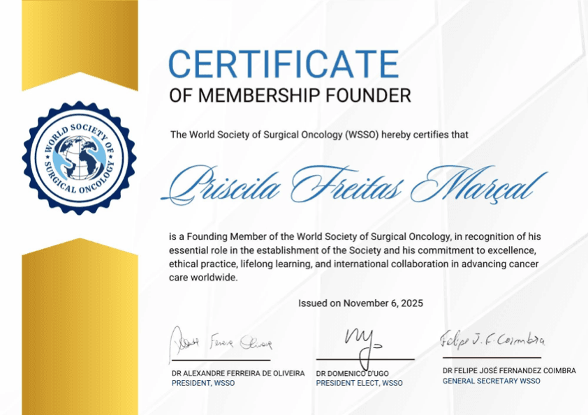 Certificado de Membro Fundadora da World Society of Surgical Oncology (WSSO)